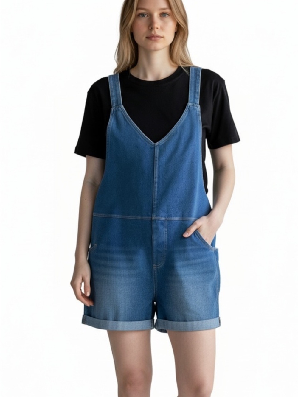 HALARA Blue Denim V-Neck Short Romper Overalls